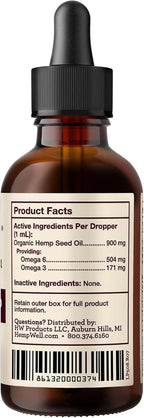 Hemp oil supplement bottle for birds with back product facts, barcode, and distribution details.