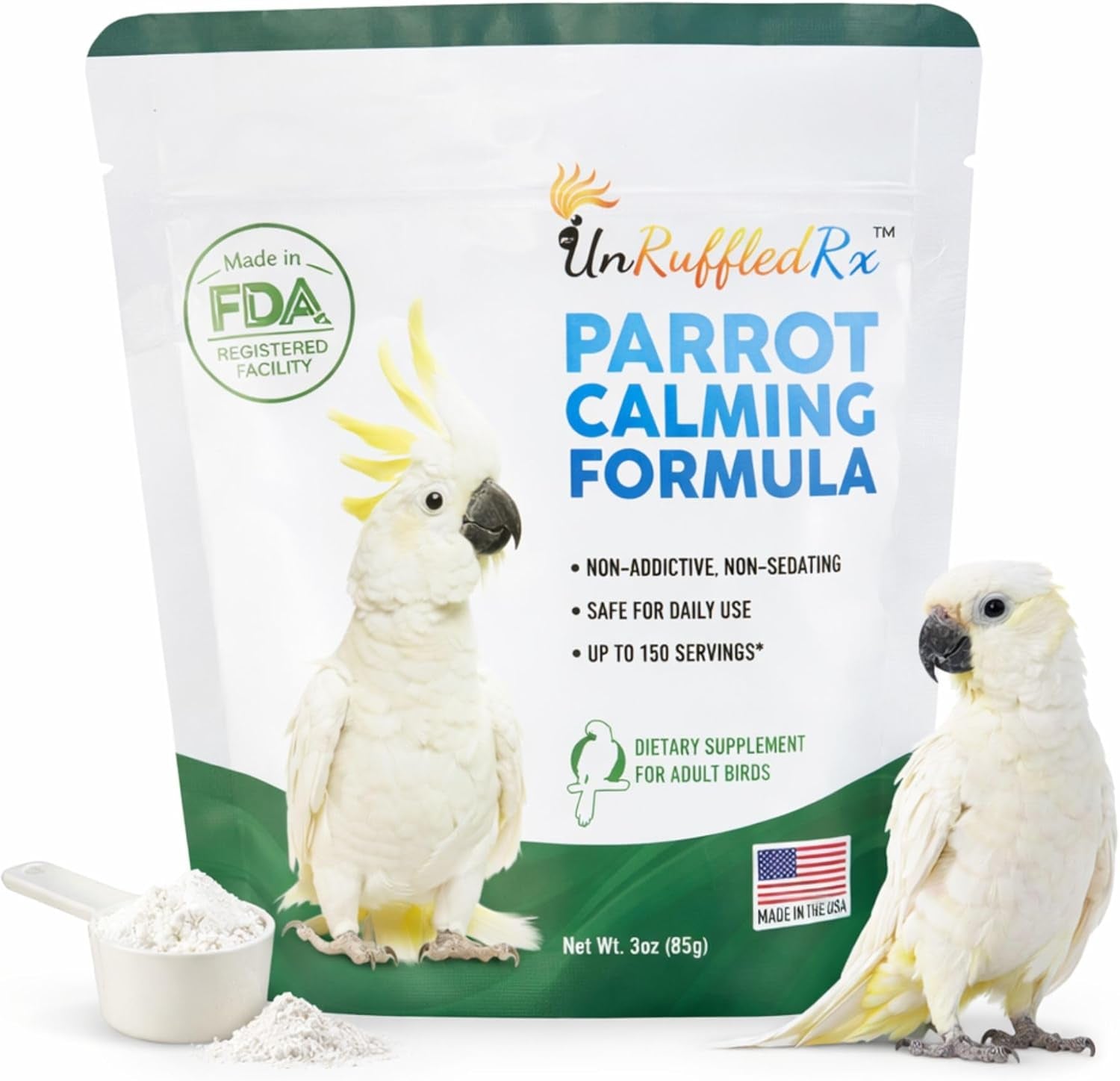 Parrot calming formula supplement pouch, white and green, with two cockatiels
