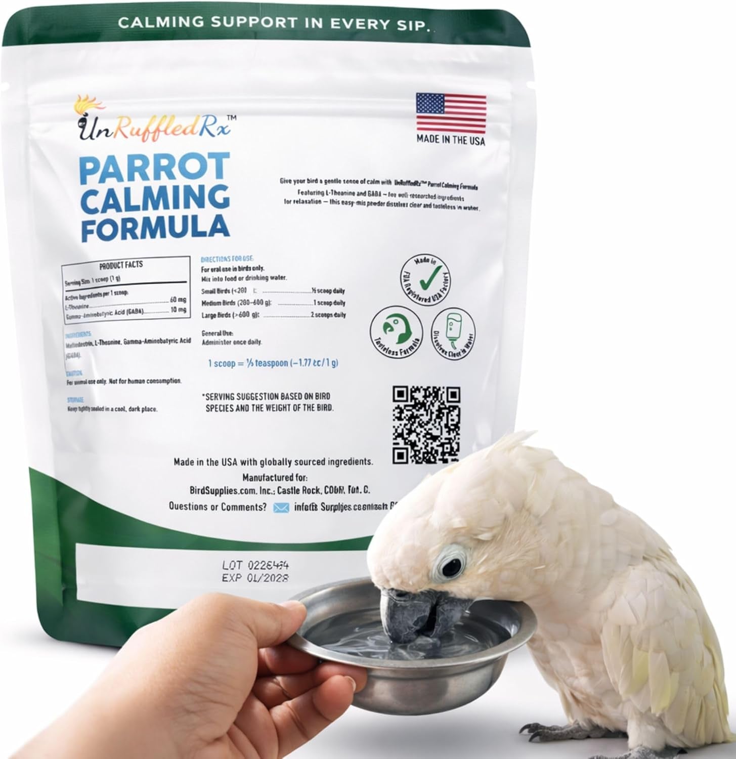 Parrot calming formula supplement pouch with dosing bowl and cockatiel by a hand