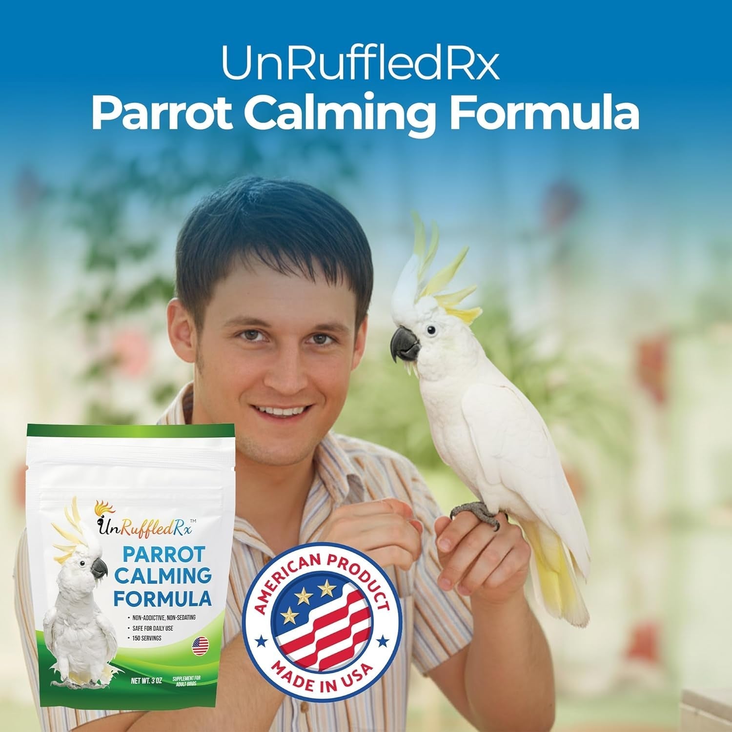 Parrot calming formula supplement pouch with cockatiel perched next to it
