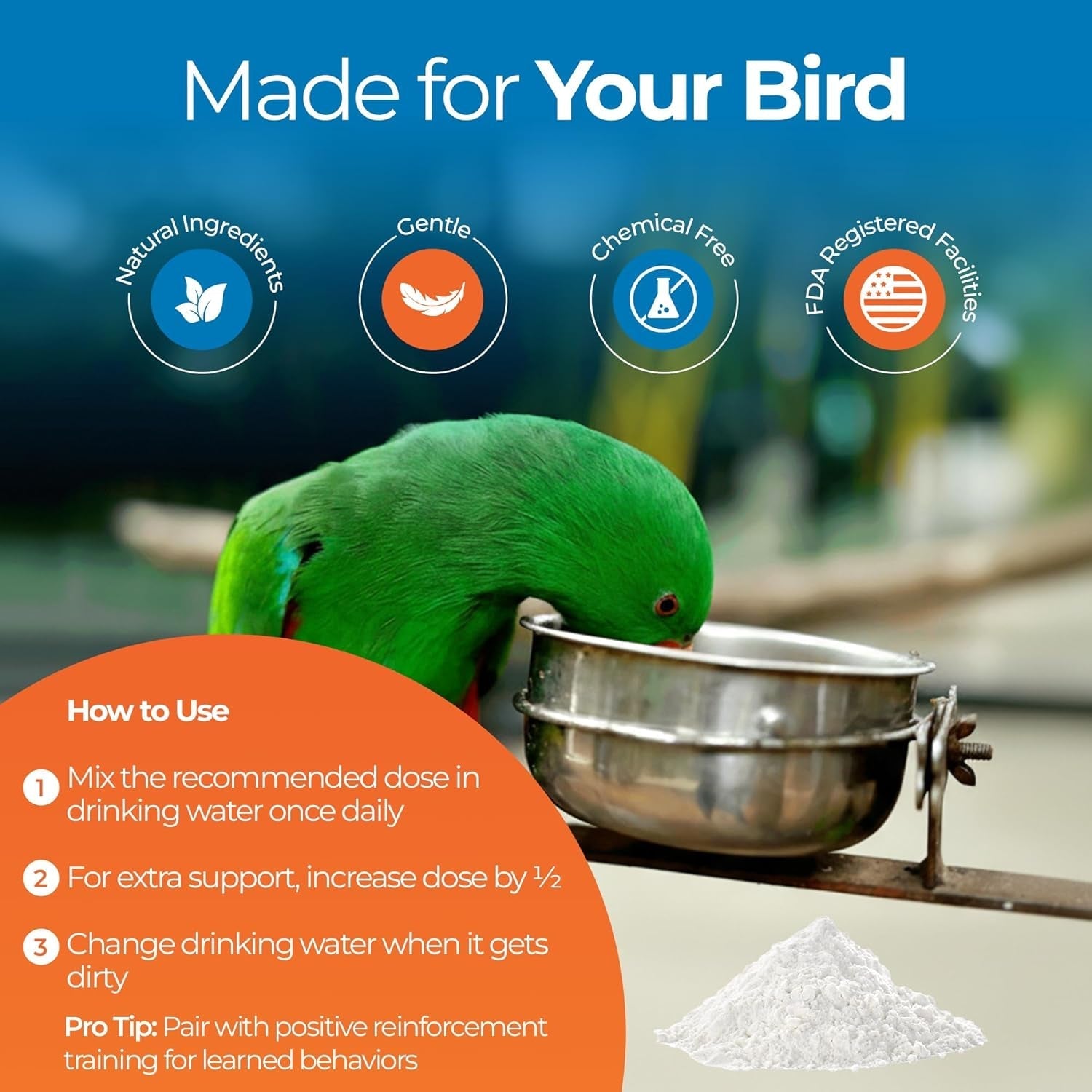 Parrot calming formula supplement with green parrot, mixing bowl, and white powder