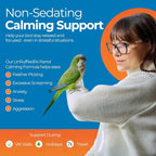 Non-sedating parrot calming formula supplement with green parakeet on a perch