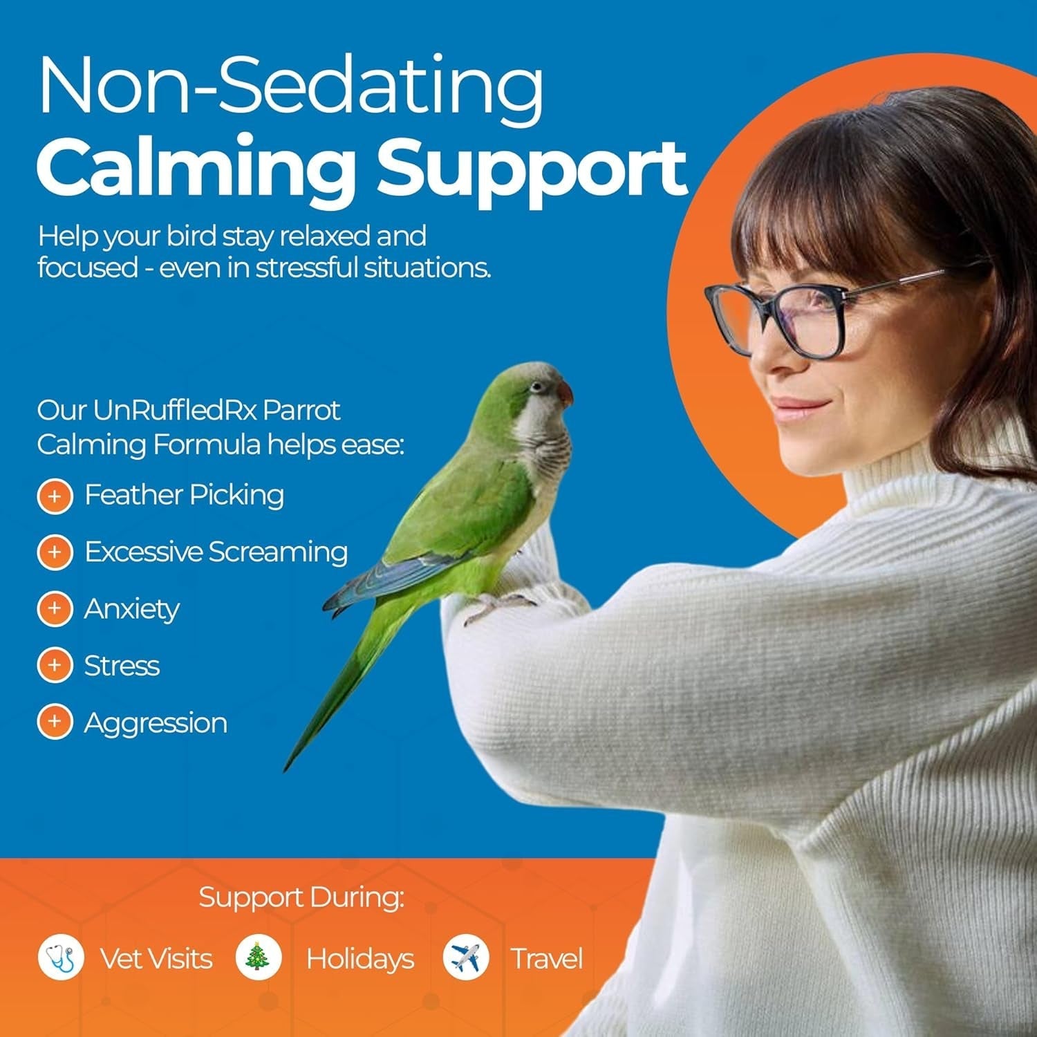 Non-sedating parrot calming formula supplement with green parakeet on a perch