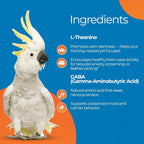 Parrot calming formula supplement with cockatiel and ingredient feature panel