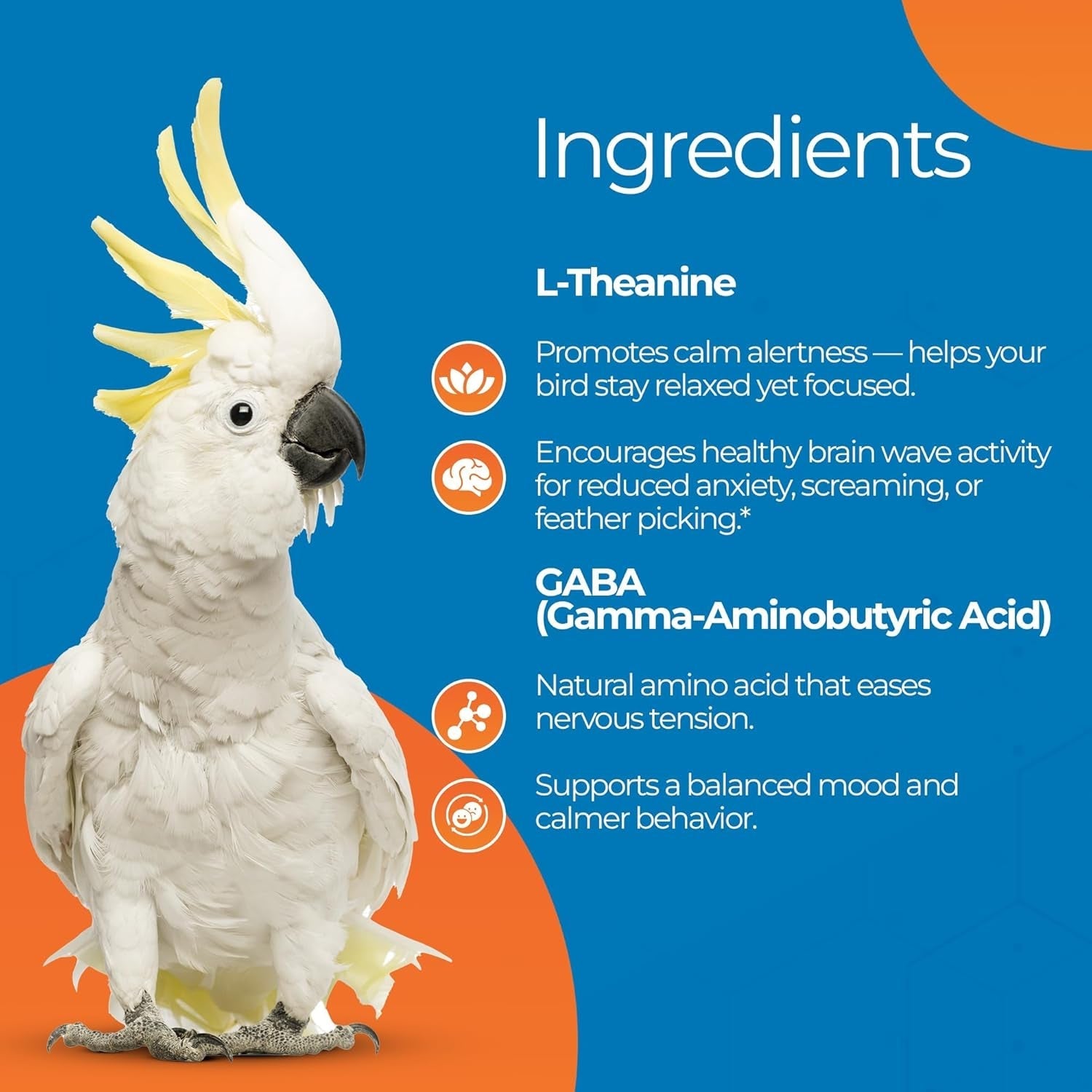 Parrot calming formula supplement with cockatiel and ingredient feature panel