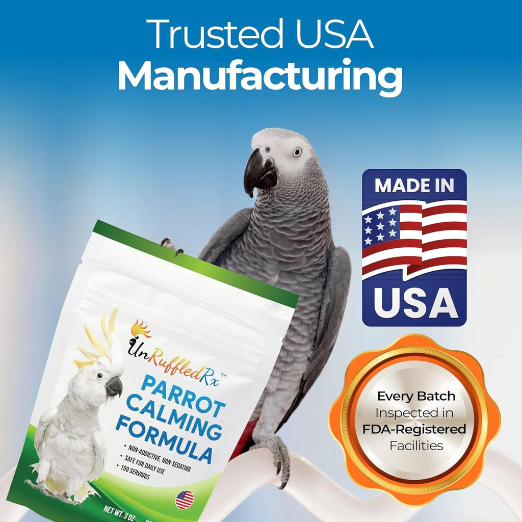 Parrot calming formula supplement pouch with grey parrot and Made in USA badge