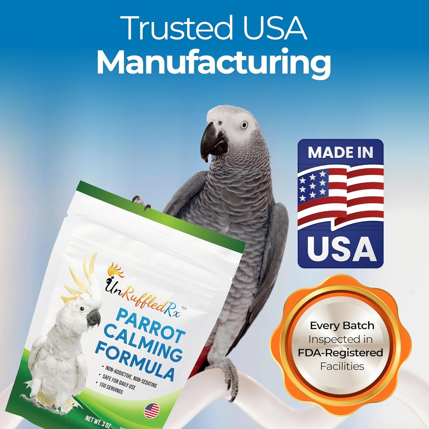Parrot calming formula supplement pouch with grey parrot and Made in USA badge