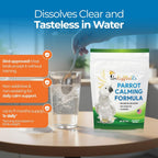 Parrot calming formula supplement pouch beside a glass of water with spoon