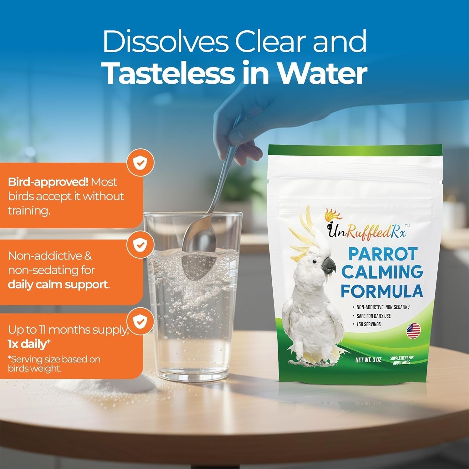 Parrot calming formula supplement pouch beside a glass of water with spoon