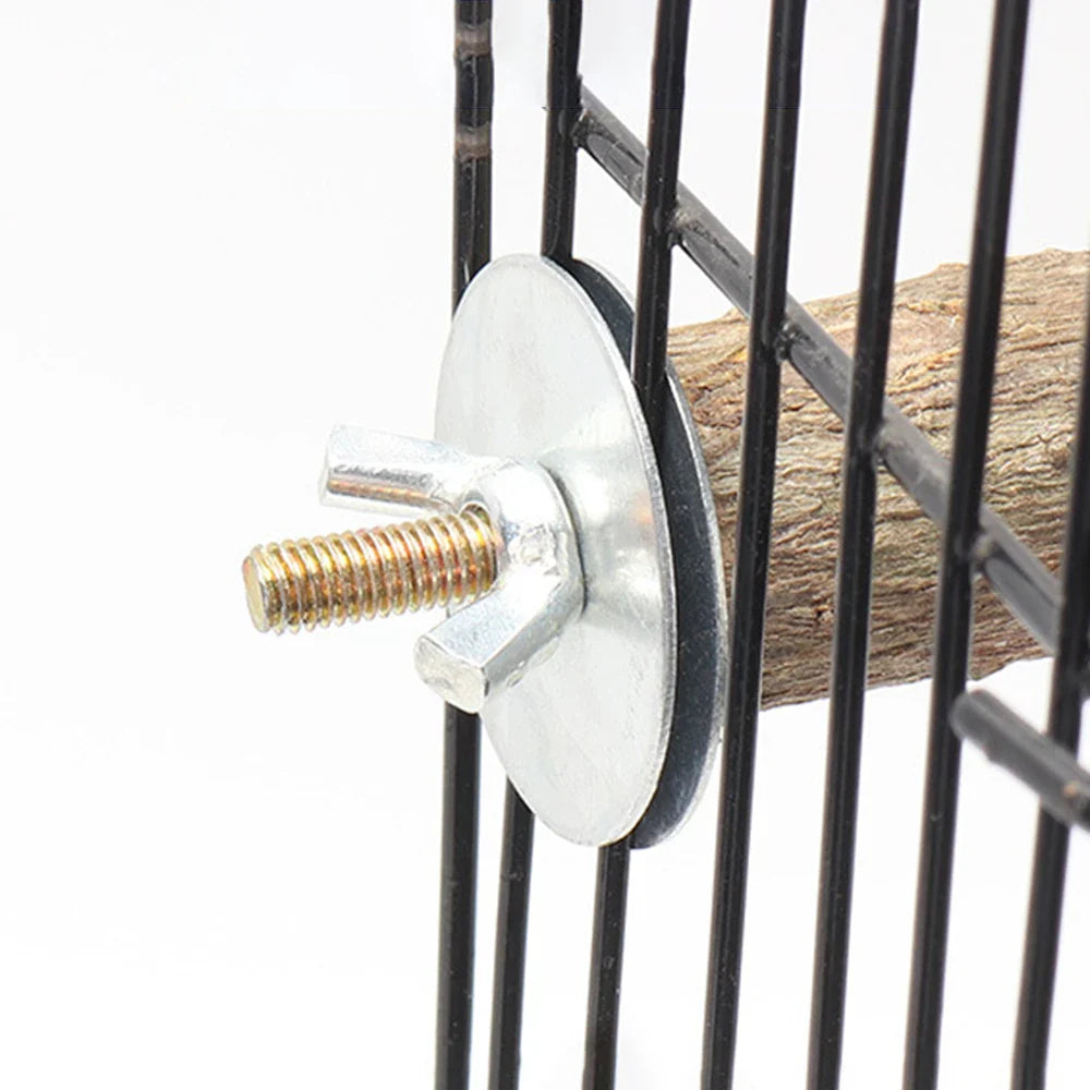 Natural wood perch platform attachment with metal mounting plate and bolt