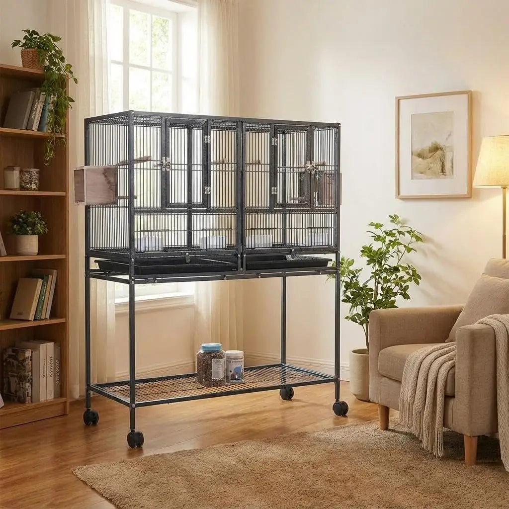 Rolling multi-bird wire cage on stand with casters, dark black metal double enclosure