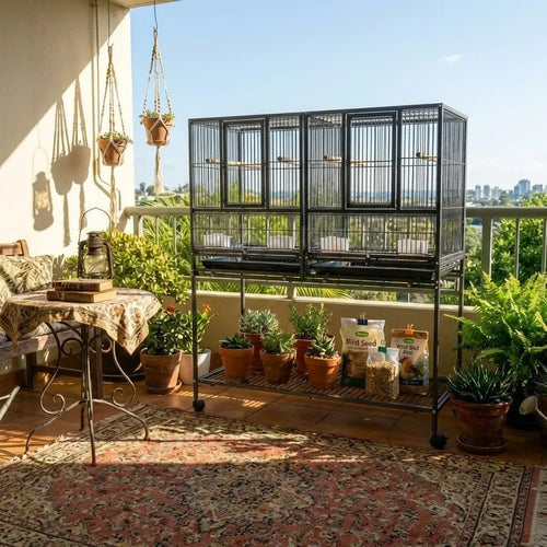 Rolling double flight bird cage with dark wire bars and four corner planters, wrought iron