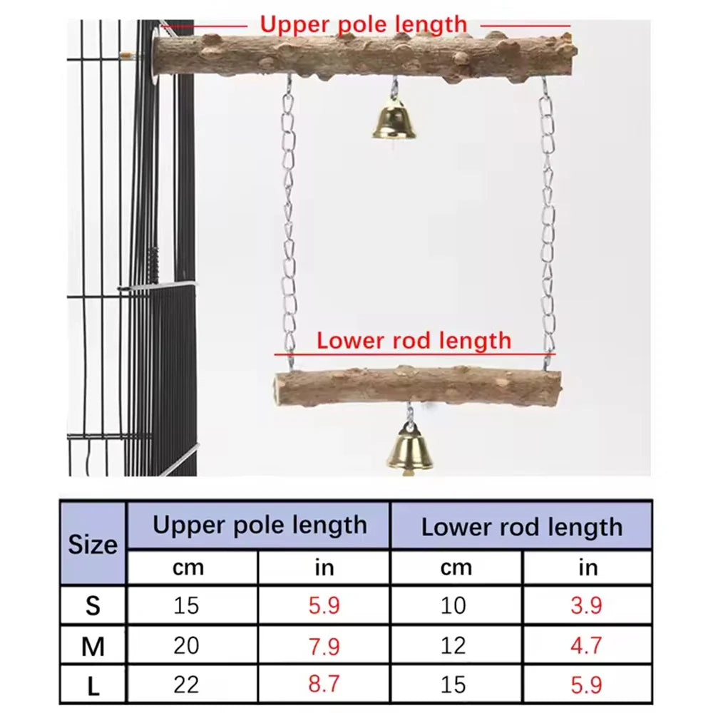 Natural wood branch perch set showing upper and lower rod lengths and bells