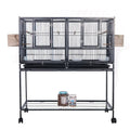 38-inch divided rolling bird cage with double-level wire enclosure and wheels, black wrought iron