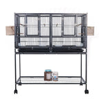 38-inch divided rolling bird cage with double-level wire enclosure and wheels, black wrought iron