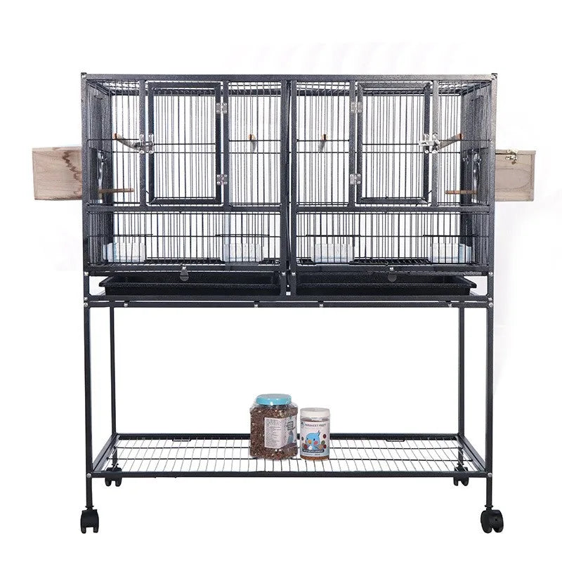 38-inch divided rolling bird cage with double-level wire enclosure and wheels, black wrought iron