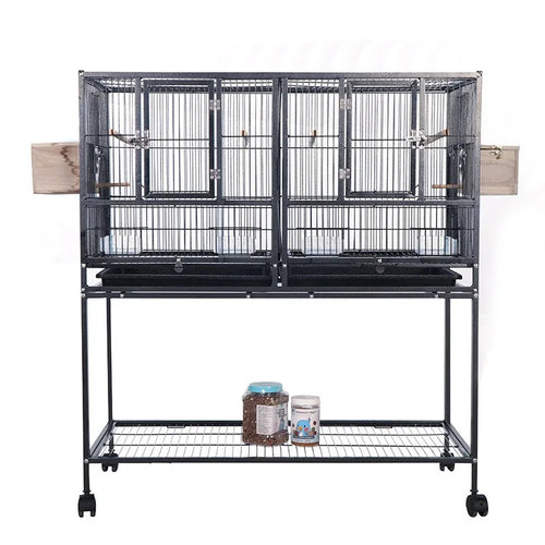 38-inch divided rolling bird cage with double-level wire enclosure and wheels, black wrought iron