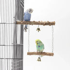 Natural wood branch perch set with two hanging platforms and brass bells in use