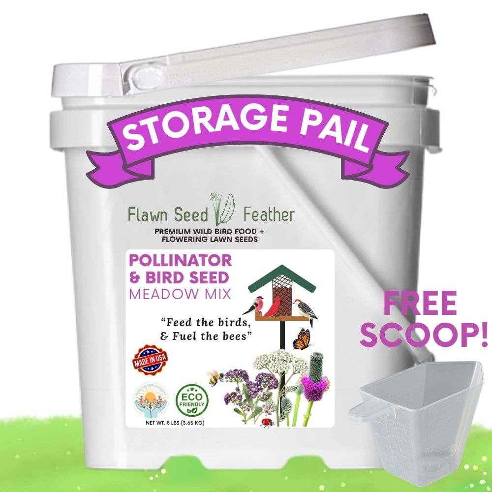 Storage pail for bird seed meadow mix, white container with purple label and scoop