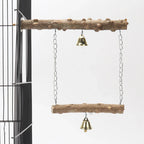 Natural wood branch perch with two dangling platforms and brass bell chimes