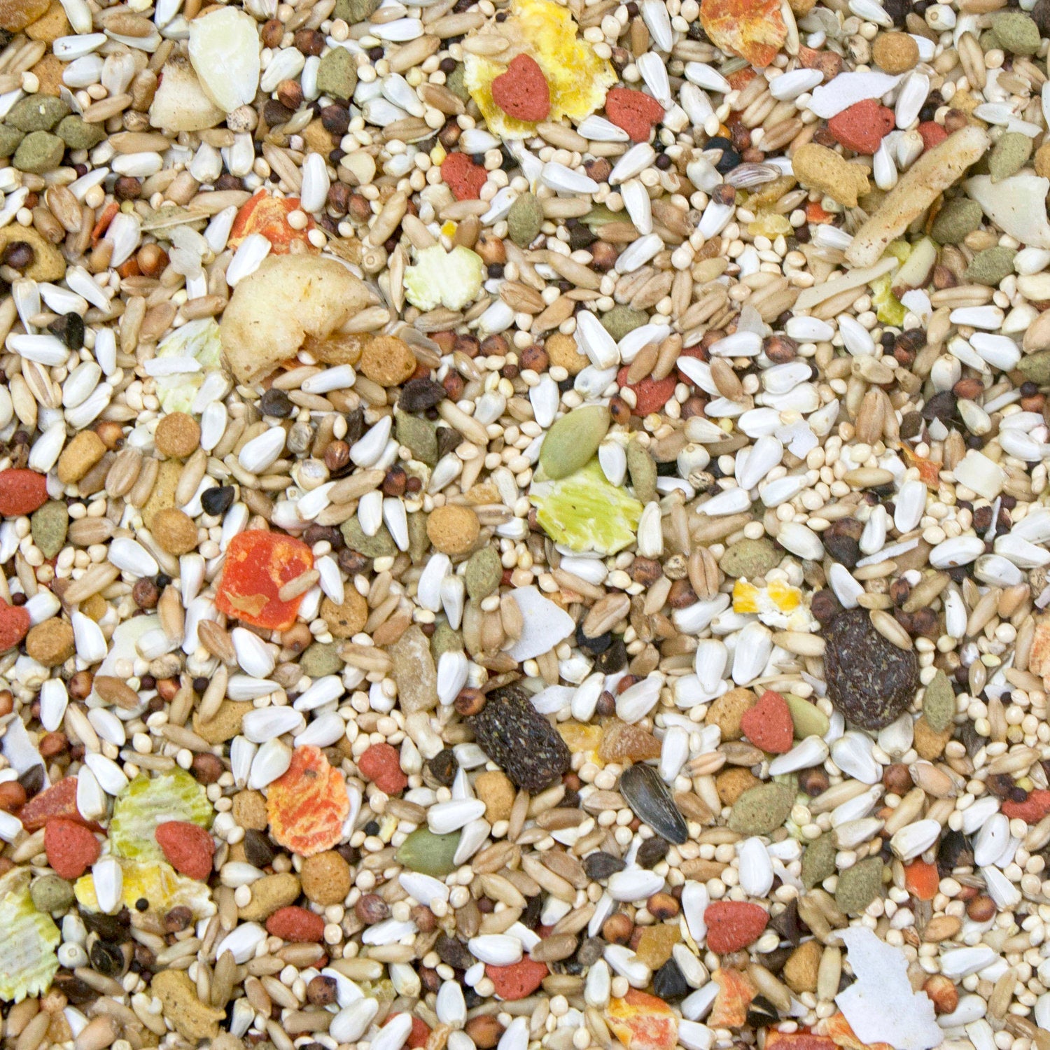 Safflower blend bird seed mix with grains, pellets, and colorful bits