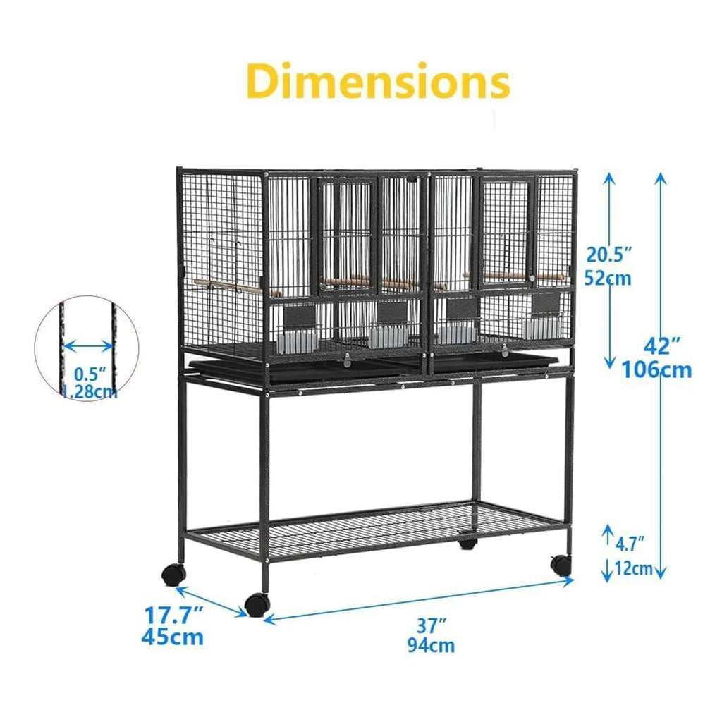 Bird cage dimensions diagram showing front view and overall height and width measurements