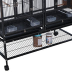 Rolling bird cage front view with lower wire platform and side feed containers, black metal