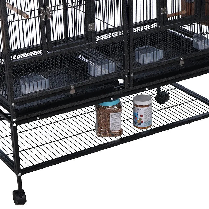 Rolling bird cage front view with lower wire platform and side feed containers, black metal