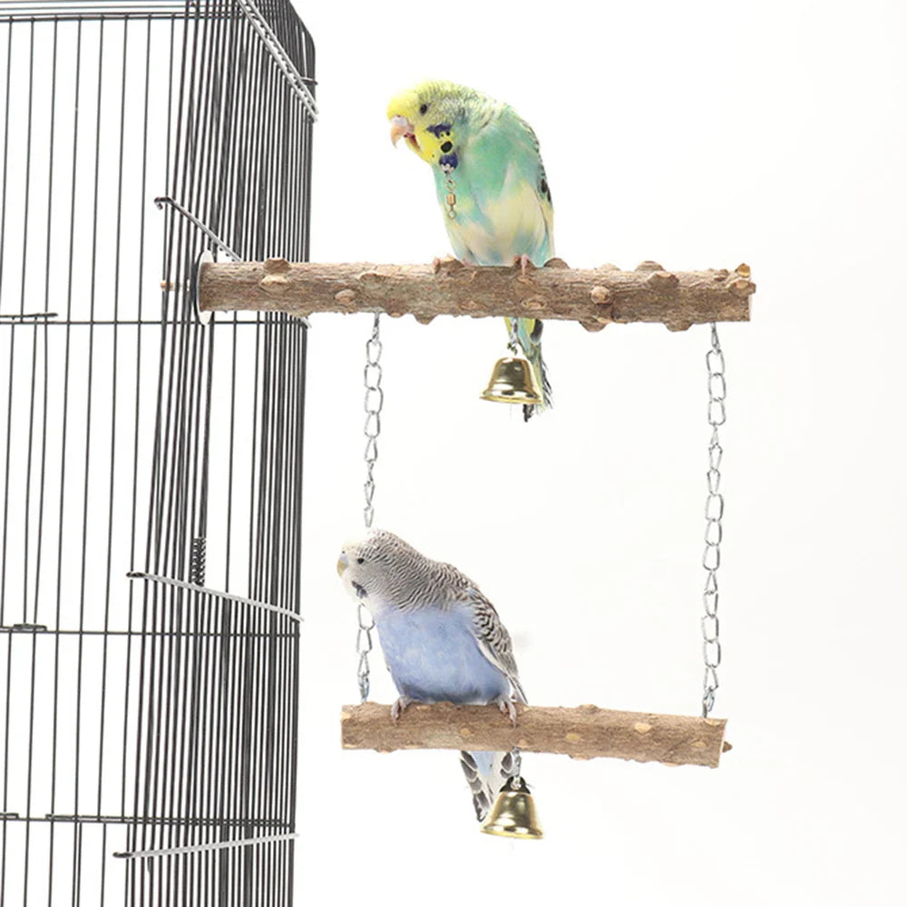 Natural wood branch perch set with two hanging platforms and brass bells