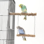 Natural wood branch perch set with two hanging platforms and brass bells