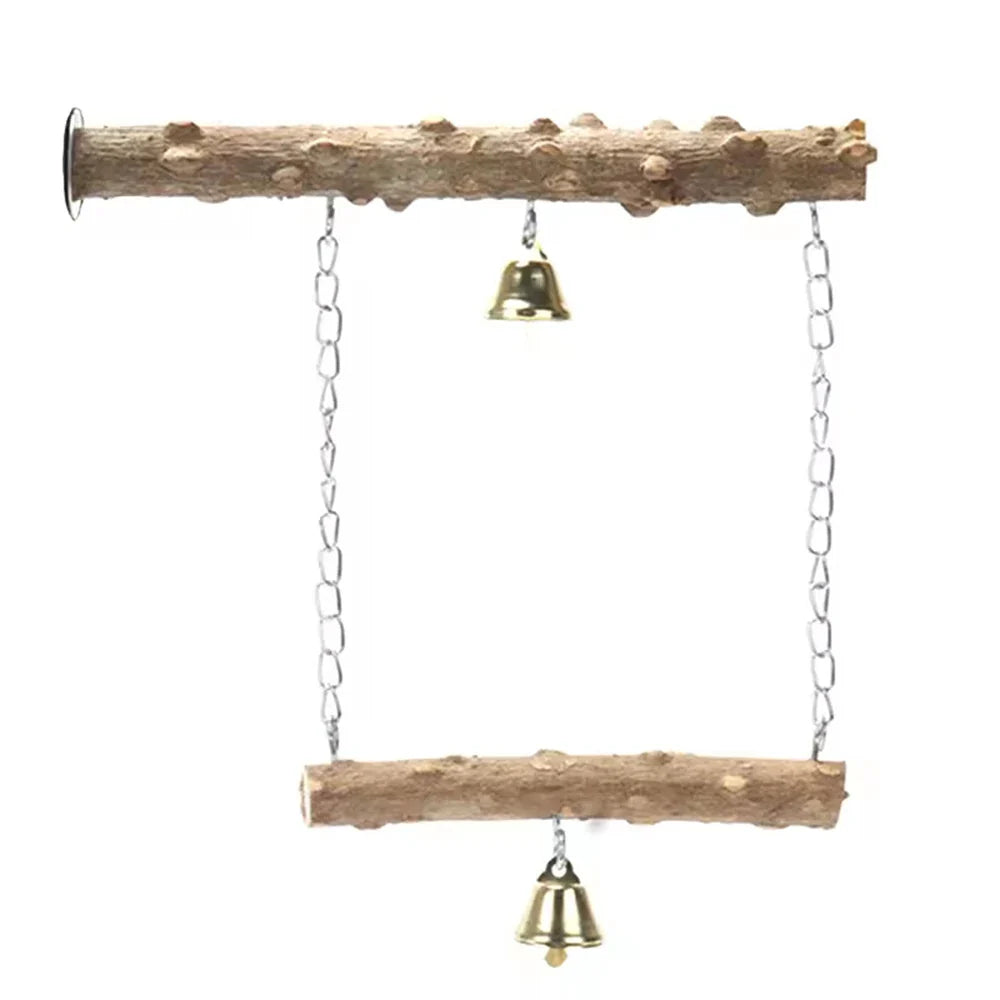 Natural wood branch perch set with chains and two hanging brass bell platforms