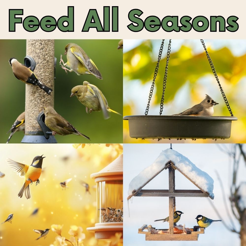 Birds feeding on hanging and platform feeders, suited for all seasons