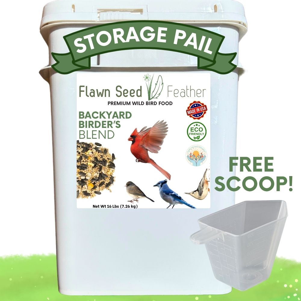 Backyard bird seed blend storage pail with plastic scoop, white bucket and bird label