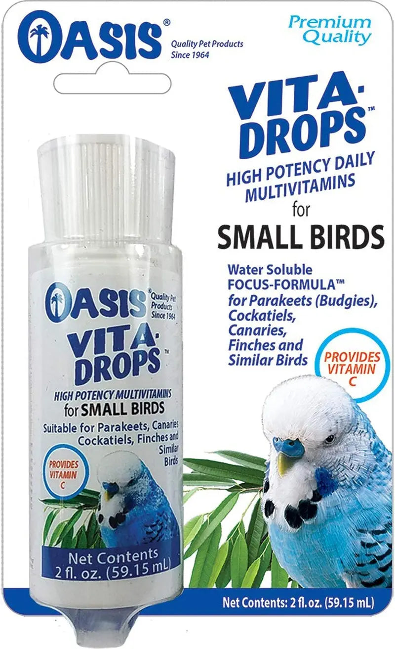 Small birds multivitamin drops bottle with blue label and white cap, 2 fl oz