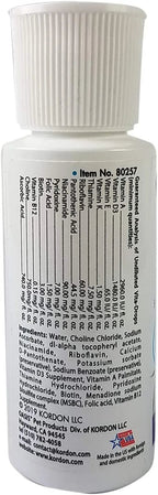 Back label of multivitamin drops bottle with ingredient and serving information