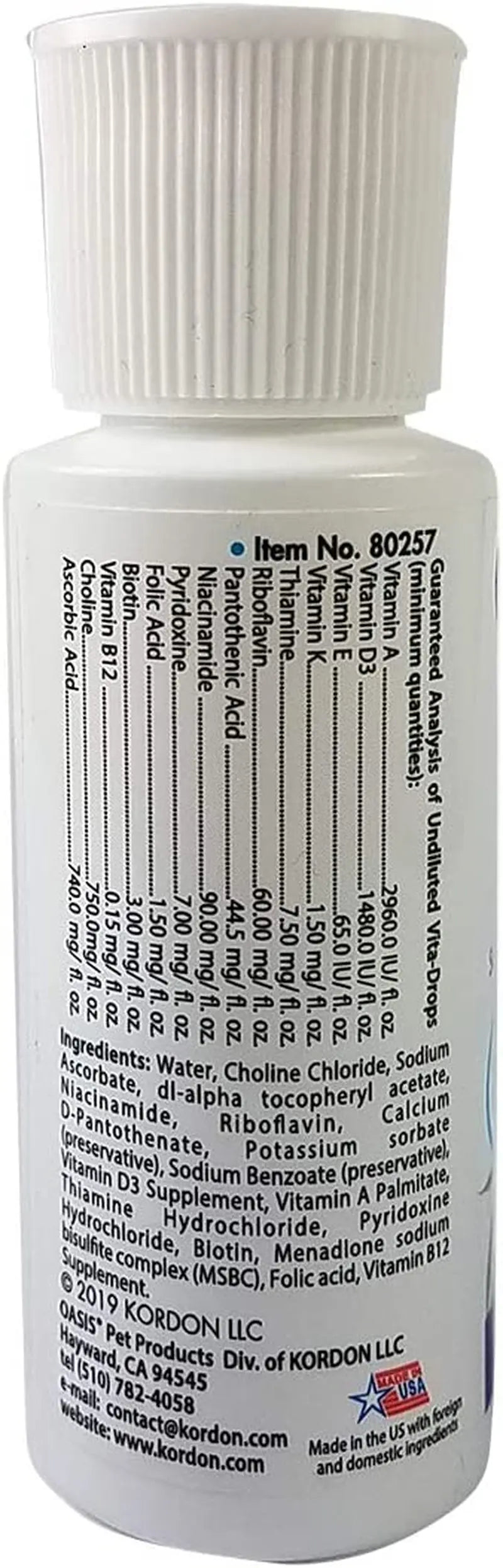Back label of multivitamin drops bottle with ingredient and serving information
