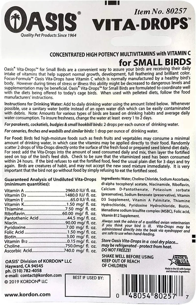 Front and nutrition facts panel text on multivitamin drops bottle for small birds
