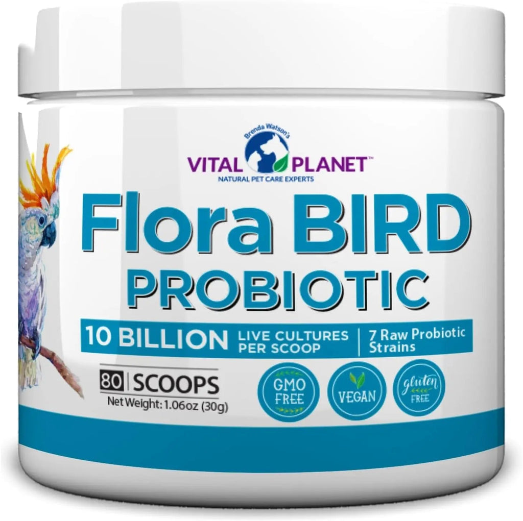 White probiotic supplement tub, Flora Bird label, 10 billion and 80 scoops
