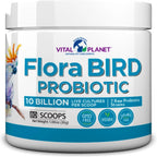 White probiotic supplement tub, Flora Bird label, 10 billion and 80 scoops