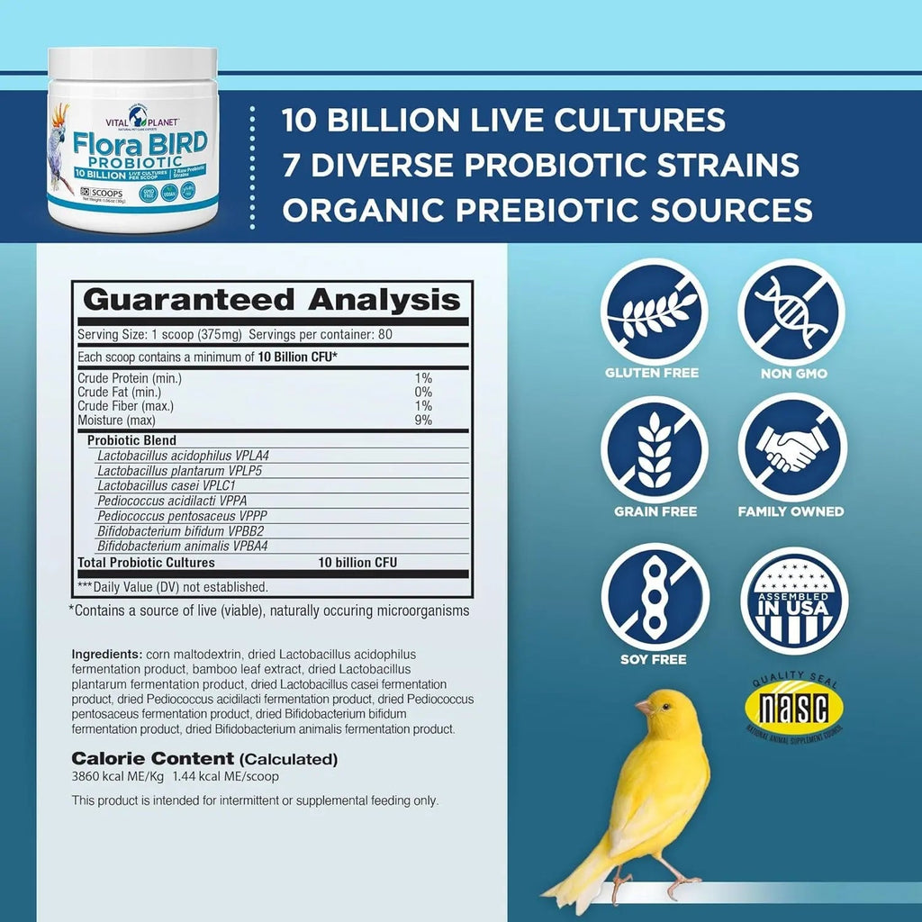 Probiotic supplement tub with supplement facts panel and badge icons, Flora Bird