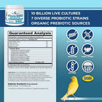 Probiotic supplement tub with supplement facts panel and badge icons, Flora Bird