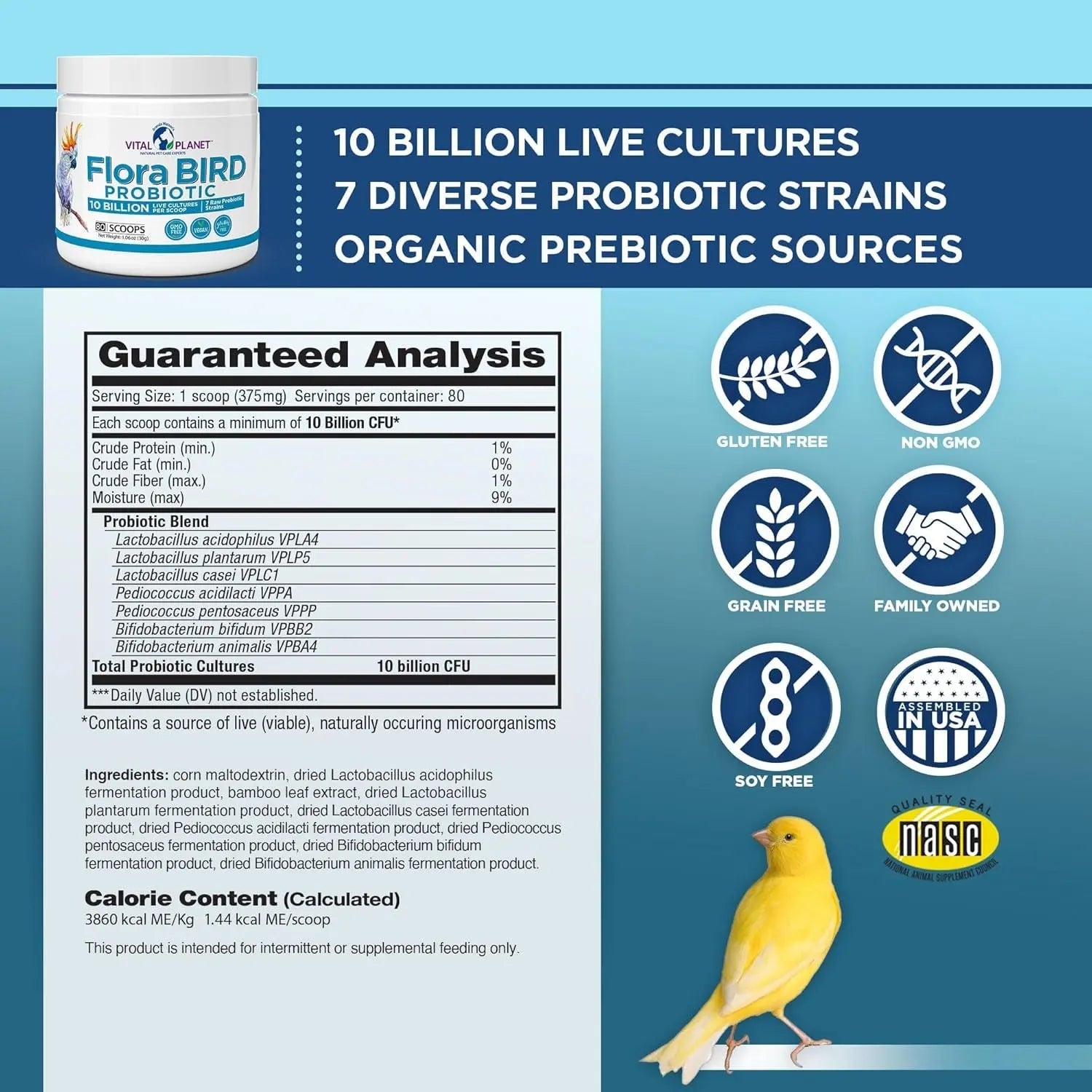 Probiotic supplement tub with supplement facts panel and badge icons, Flora Bird