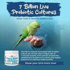 Flora Bird probiotic tub infographic with 7 billion live probiotic cultures and green parrot
