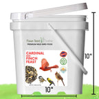 Cardinal and finch bird seed blend white feeder bucket, side label and handle