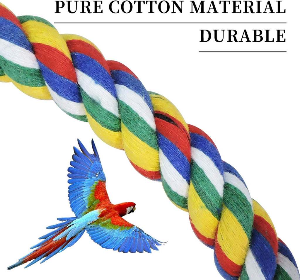 Close-up of colorful braided cotton rope bird swing with parrot charm