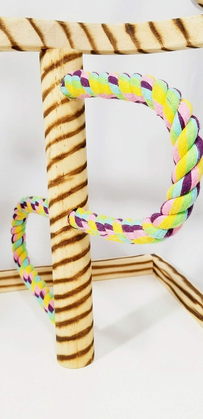 Close-up of striped wooden bird playgym post with colorful braided rope perch loops