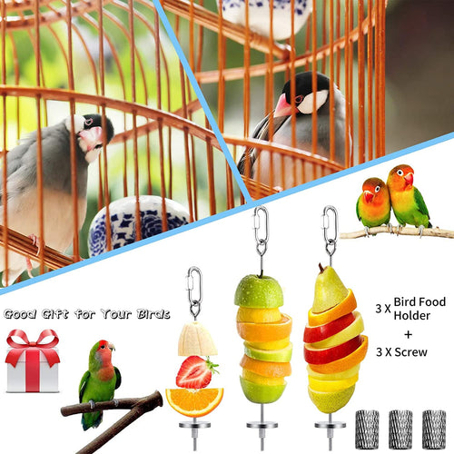 Hanging bird fruit skewer set with three colorful fruit slice holders