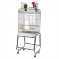 Platinum wrought iron play-top bird cage on wheeled stand with two perched birds