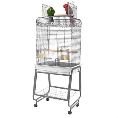 Platinum wrought iron play-top bird cage on wheeled stand with two perched birds