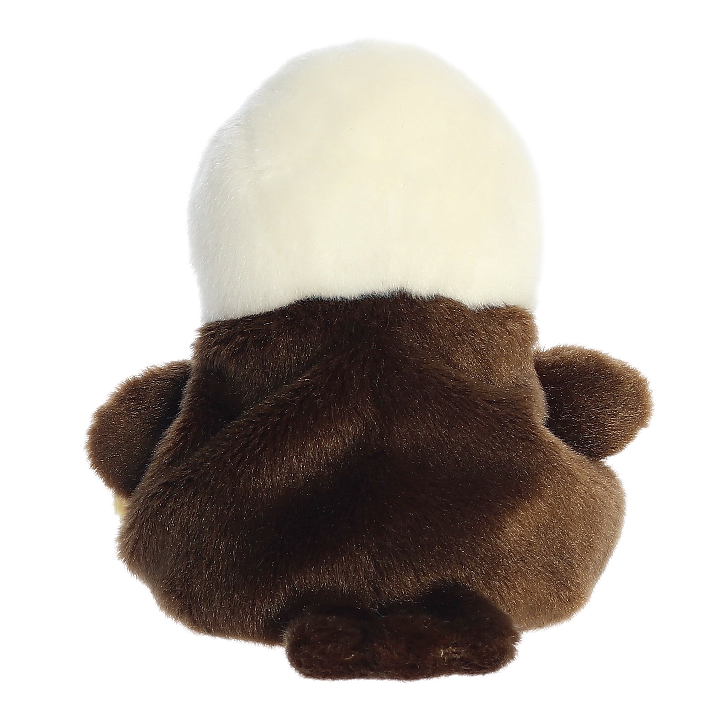 Brown-and-white bald eagle plush with orange beak, back view, floppy wings